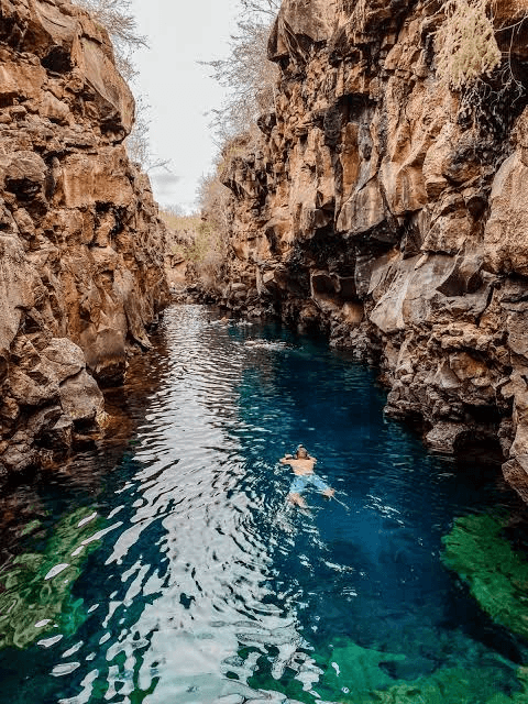 Clear water between volcanic rock walls in Galápagos